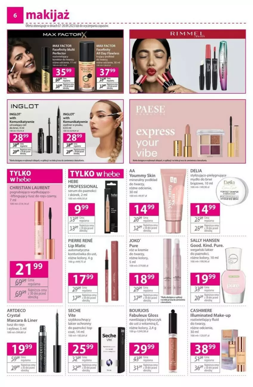 Gazetka promocyjna Hebe - ważna 07.09 do 20.09.2023 - strona 13 - produkty: Bourjois, Fa, Konturówka do ust, Lakier, Laur, Makijaż, Max Factor, Podkład, Pur, Rum, Sally Hansen, Ser, Serum, Top, Tusz