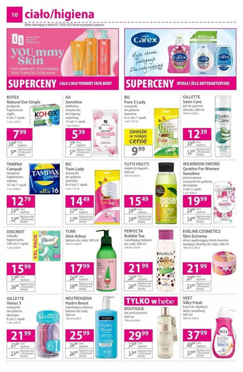 Gazetka promocyjna Hebe - ważna 07.09 do 20.09.2023 - strona 2 - produkty: Arbuz, Balsam do ciała, BIC, Booster, Chusteczki, Chusteczki do higieny, Discreet, Eveline, Gillette, Gillette Venus, Krem do depilacji, Nawilżający balsam, Neutrogena, Olej, Pax, Perfecta, Podpaski, Pur, Sati, Tampax, Tampony, Veet, Venus, Wilkinson Sword, Wkładki