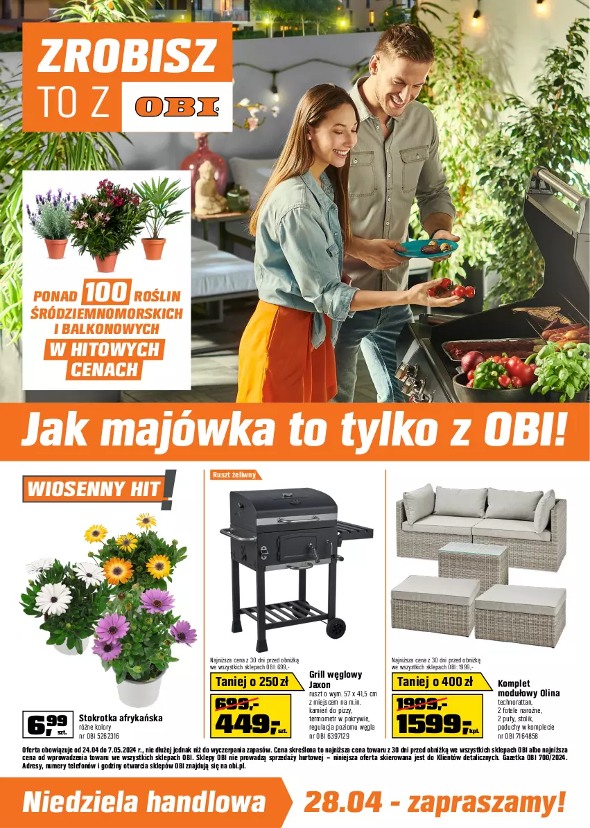 Gazetka promocyjna Obi - Gazetka OBI - ważna 24.04 do 07.05.2024 - strona 1 - produkty: Dres, Fotel, Grill, Puf, Stolik, Telefon, Termometr