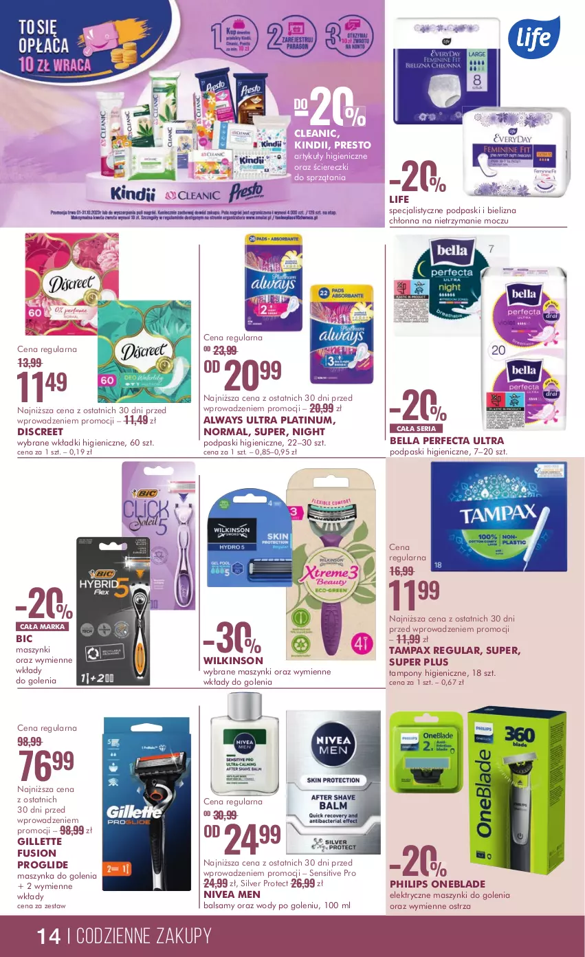 Gazetka promocyjna Super Pharm - Gazetka - ważna 12.10 do 24.10.2023 - strona 14 - produkty: Always, Always Ultra, Bell, Bella, BIC, Bielizna, Cleanic, Discreet, Fusion, Gillette, Kindii, Maszynka, Maszynka do golenia, Nivea, Nivea Men, Pax, Perfecta, Philips, Philips OneBlade, Podpaski, Presto, Ser, Szynka, Tampax, Tampony, Wkładki