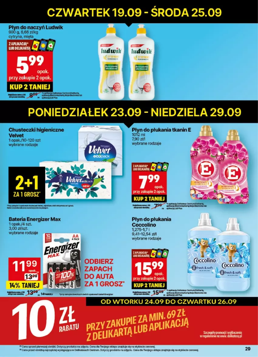 Gazetka promocyjna Delikatesy Centrum - NOWA GAZETKA Delikatesy Centrum od 23 września! 23-29.09.2024 - ważna 23.09 do 29.09.2024 - strona 29 - produkty: Bateria, Chusteczki, Coccolino, Energizer, Ludwik, Mięta, Płyn do płukania, Rum, Velvet