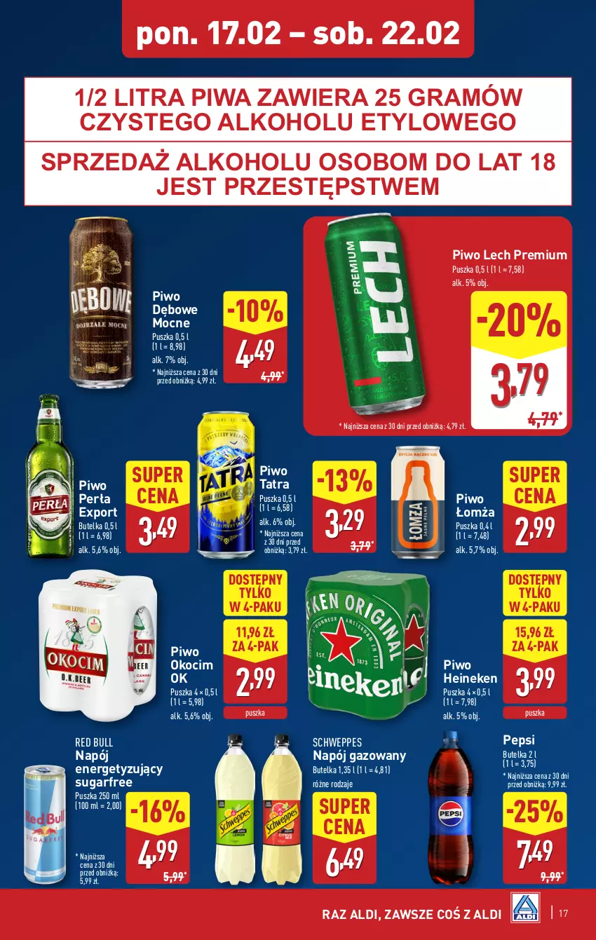 Gazetka promocyjna Aldi - Pełna oferta - ważna 17.02 do 22.02.2025 - strona 17 - produkty: Gra, Heineken, Koc, Lech Premium, Napój, Napój gazowany, Okocim, Pepsi, Perła, Piwa, Piwo, Por, Red Bull, Schweppes, Tatra