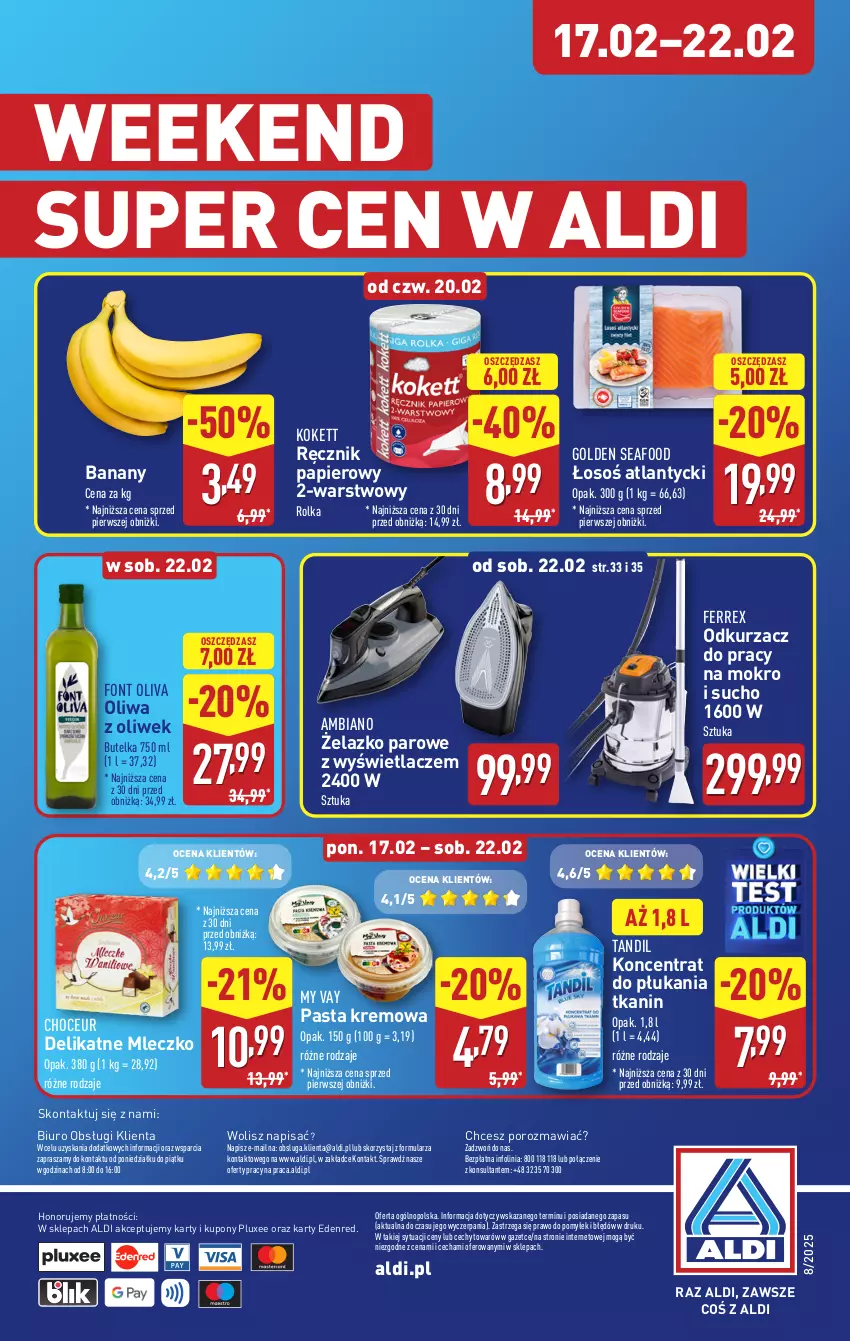 Gazetka promocyjna Aldi - Pełna oferta - ważna 17.02 do 22.02.2025 - strona 36 - produkty: Banany, Biuro, Golden Seafood, Mleczko, O nas, Odkurzacz, Oliwa z oliwek, Papier, Por, Ręcznik