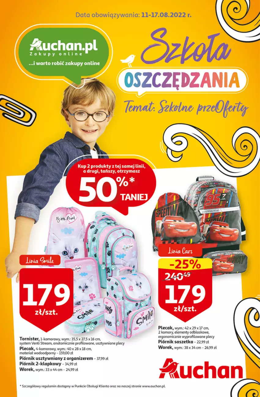 Gazetka promocyjna Auchan - Szkoła oszczędzania Temat Szkolne przeOferty Hipermarkety - ważna 09.08 do 17.08.2022 - strona 1 - produkty: Atomic, Organizer, Piórnik, Plecak, Por