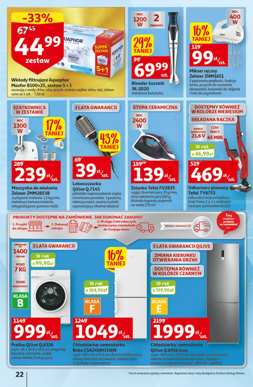 Gazetka promocyjna Auchan - Szkoła oszczędzania Temat Szkolne przeOferty Hipermarkety - ważna 09.08 do 17.08.2022 - strona 22 - produkty: Aquaphor, Beko, Blender, Chłodziarka, Drzwi, Fa, Gra, Kołdra, Kosz, Maszynka, Maszynka do mielenia, Mikser, Mikser ręczny, Odkurzacz, Odkurzacz bezprzewodowy, Pojemnik, Pralka, Rum, Ser, Suszarka, Szatkownica, Szynka, Tefal, Top, Wełna, Zamrażarka, Zelmer