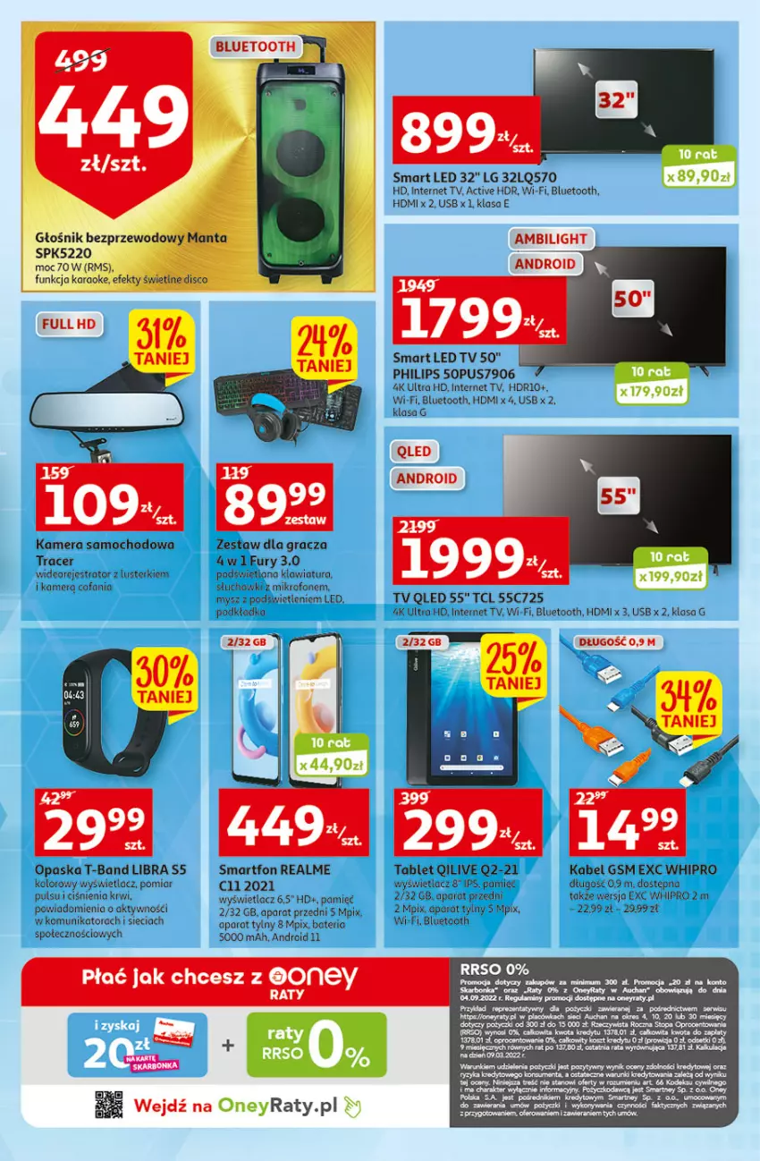 Gazetka promocyjna Auchan - Szkoła oszczędzania Temat Szkolne przeOferty Hipermarkety - ważna 09.08 do 17.08.2022 - strona 23 - produkty: Acer, Android TV, Bateria, Fa, Głośnik, Gra, Kamera, Klawiatura, LED TV, LG, Manta, Mikrofon, Mysz, Opaska, Philips, Podkład, Podkładka, Słuchawki, Smartfon, Tablet, Wideorejestrator