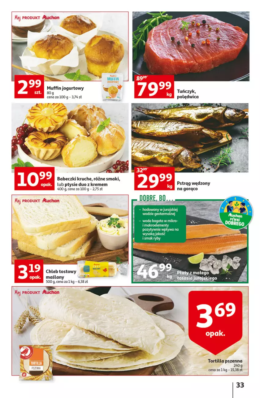 Gazetka promocyjna Auchan - Szkoła oszczędzania Temat Szkolne przeOferty Hipermarkety - ważna 09.08 do 17.08.2022 - strona 33 - produkty: Babeczki, Chleb, Chleb tostowy, Jogurt, Polędwica, Pstrąg, Pstrąg wędzony, Sok, Tortilla, Tuńczyk