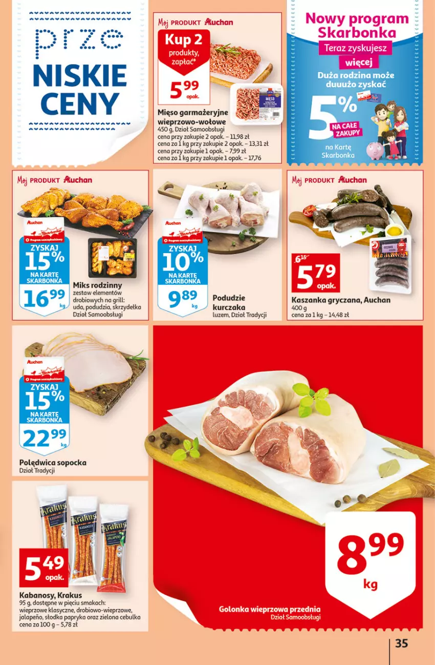 Gazetka promocyjna Auchan - Szkoła oszczędzania Temat Szkolne przeOferty Hipermarkety - ważna 09.08 do 17.08.2022 - strona 35 - produkty: Grill, Gry, Kabanos, Kasza, Kaszanka, Krakus, Kurczak, Mięso, Mięso garmażeryjne, Papryka, Polędwica