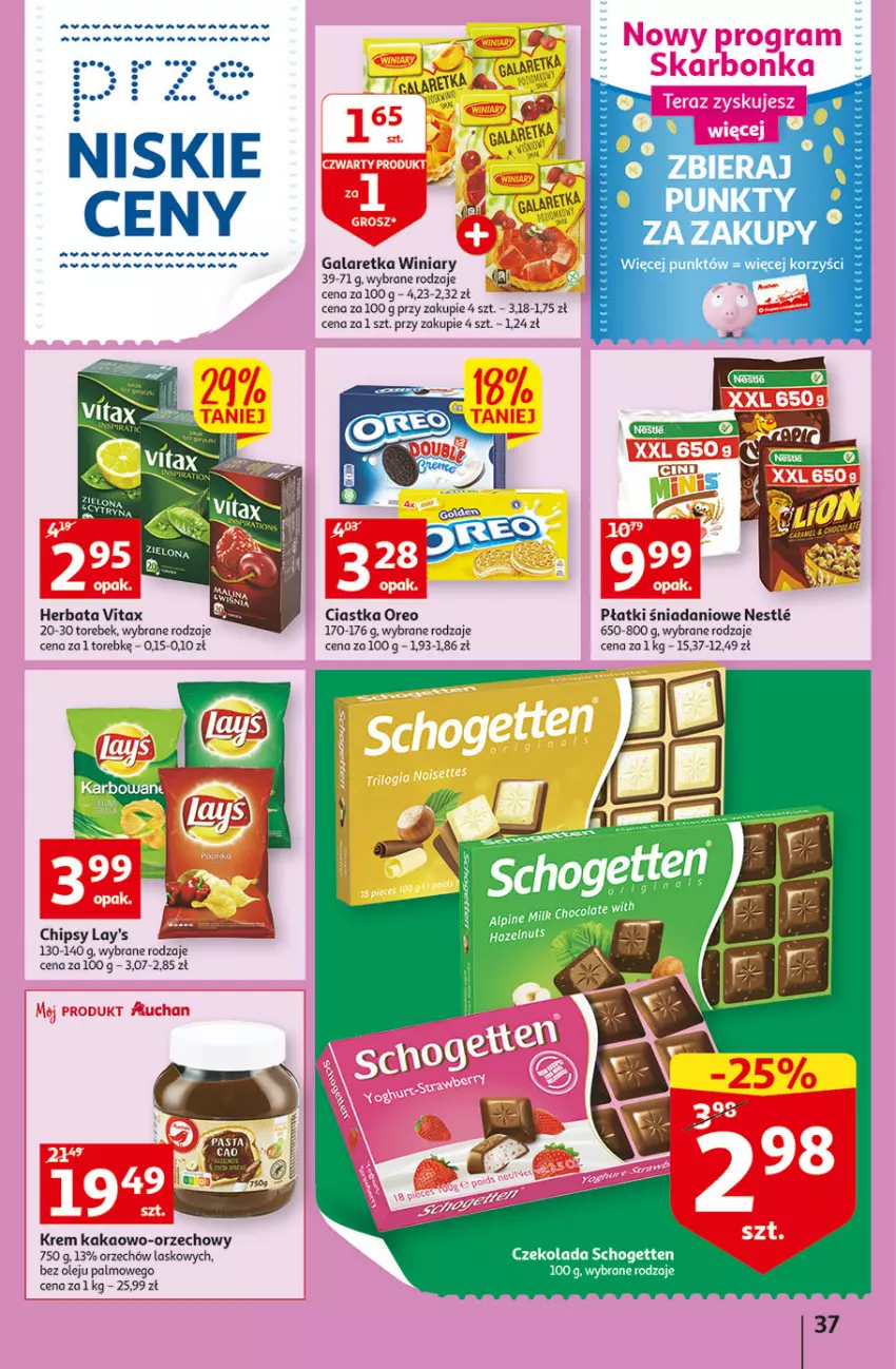 Gazetka promocyjna Auchan - Szkoła oszczędzania Temat Szkolne przeOferty Hipermarkety - ważna 09.08 do 17.08.2022 - strona 37 - produkty: Chipsy, Ciastka, Czekolada, Danio, Herbata, Kakao, LG, Olej, Oreo, Schogetten, Vitax