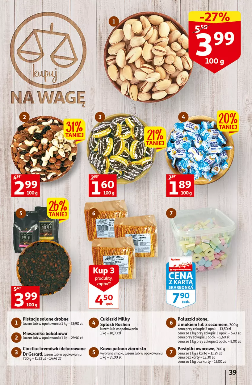 Gazetka promocyjna Auchan - Szkoła oszczędzania Temat Szkolne przeOferty Hipermarkety - ważna 09.08 do 17.08.2022 - strona 39 - produkty: Ciastka, Cukier, Cukierki, Dr Gerard, Kawa, Mieszanka bakaliowa, Pastylki, Pistacje, Sezam