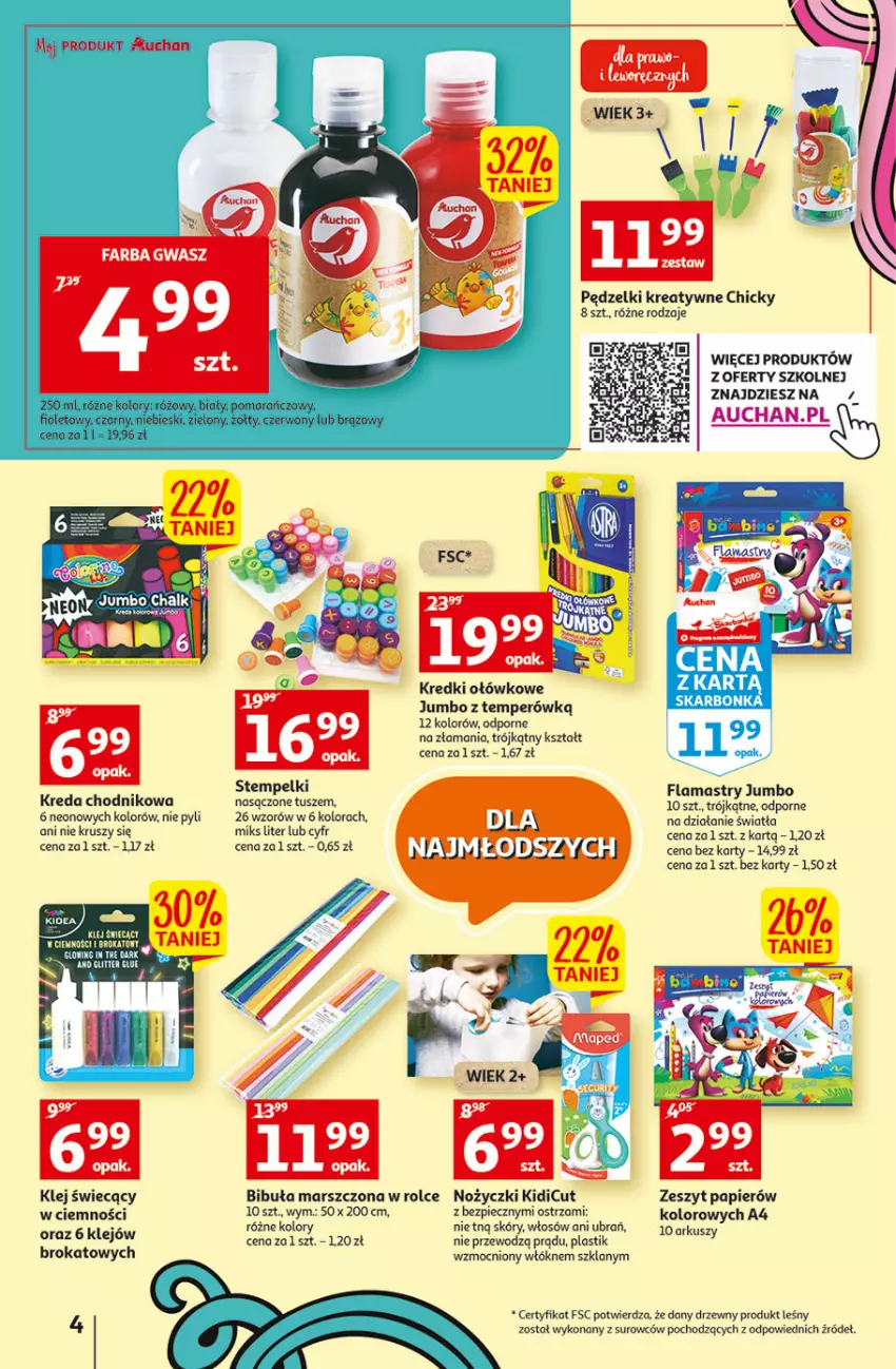 Gazetka promocyjna Auchan - Szkoła oszczędzania Temat Szkolne przeOferty Hipermarkety - ważna 09.08 do 17.08.2022 - strona 4 - produkty: Chodnik, Flamastry, Klej, Mars, Noż, Nożyczki, Papier, Por, Tusz