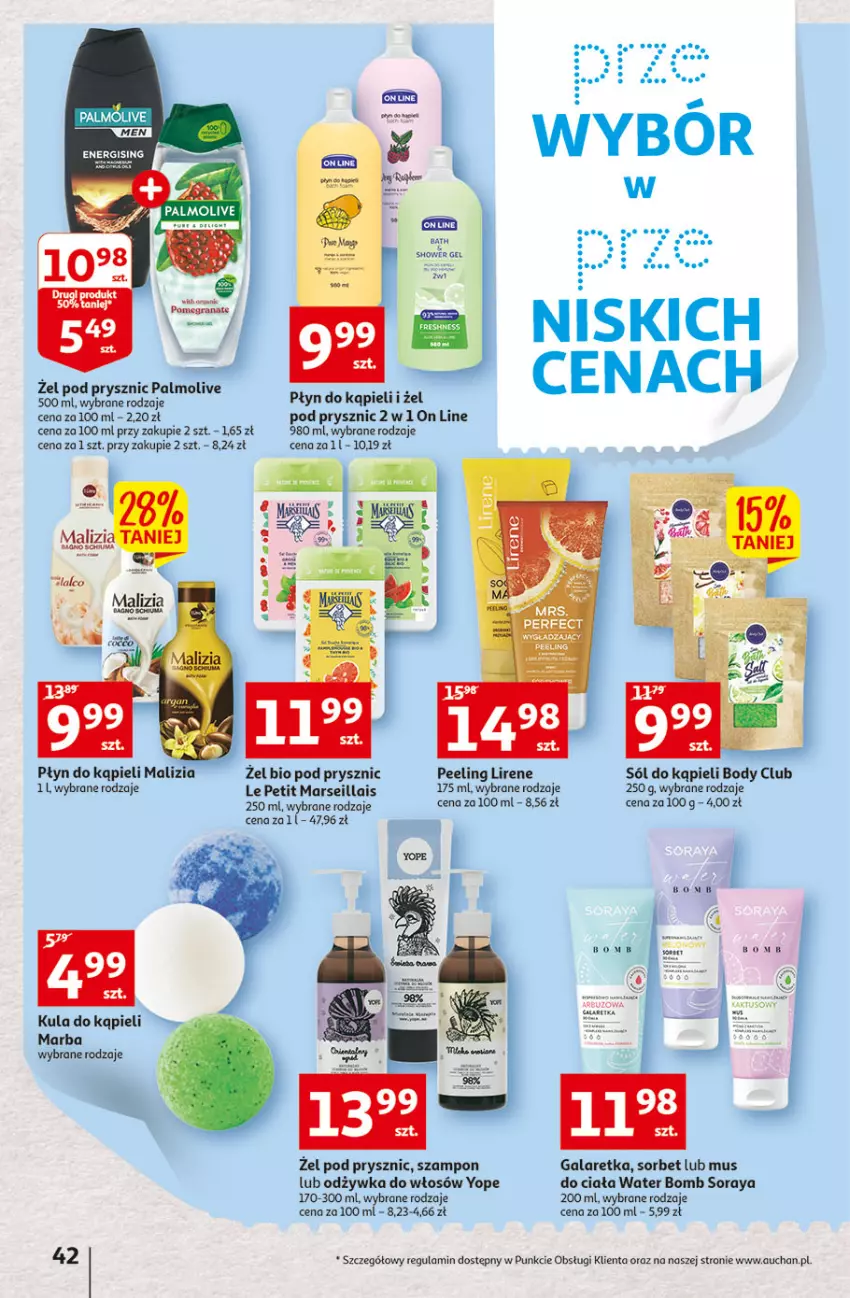 Gazetka promocyjna Auchan - Szkoła oszczędzania Temat Szkolne przeOferty Hipermarkety - ważna 09.08 do 17.08.2022 - strona 42 - produkty: Body, Gala, Galaretka, Kula do kąpieli, Lirene, Malizia, Mars, Melon, Mus, Odżywka, Palmolive, Peeling, Płyn do kąpieli, Sól, Sól do kąpieli, Szampon, Yope