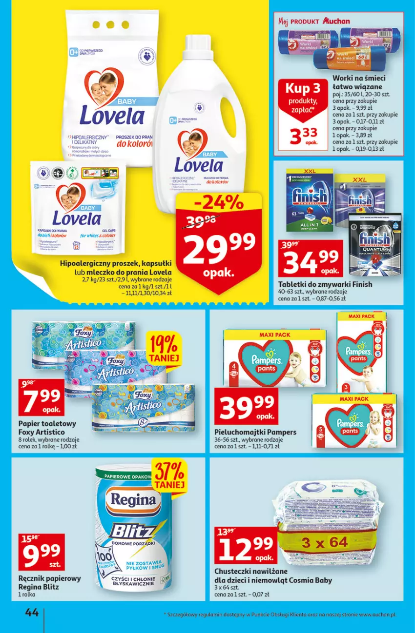 Gazetka promocyjna Auchan - Szkoła oszczędzania Temat Szkolne przeOferty Hipermarkety - ważna 09.08 do 17.08.2022 - strona 44 - produkty: Chusteczki, Dzieci, Finish, Foxy, Gin, Hipoalergiczny proszek, Lovela, Majtki, Mleczko, Mleczko do prania, Pampers, Papier, Papier toaletowy, Pieluchomajtki, Ręcznik, Tablet, Tabletki do zmywarki, Worki na śmiec, Worki na śmieci, Zmywarki