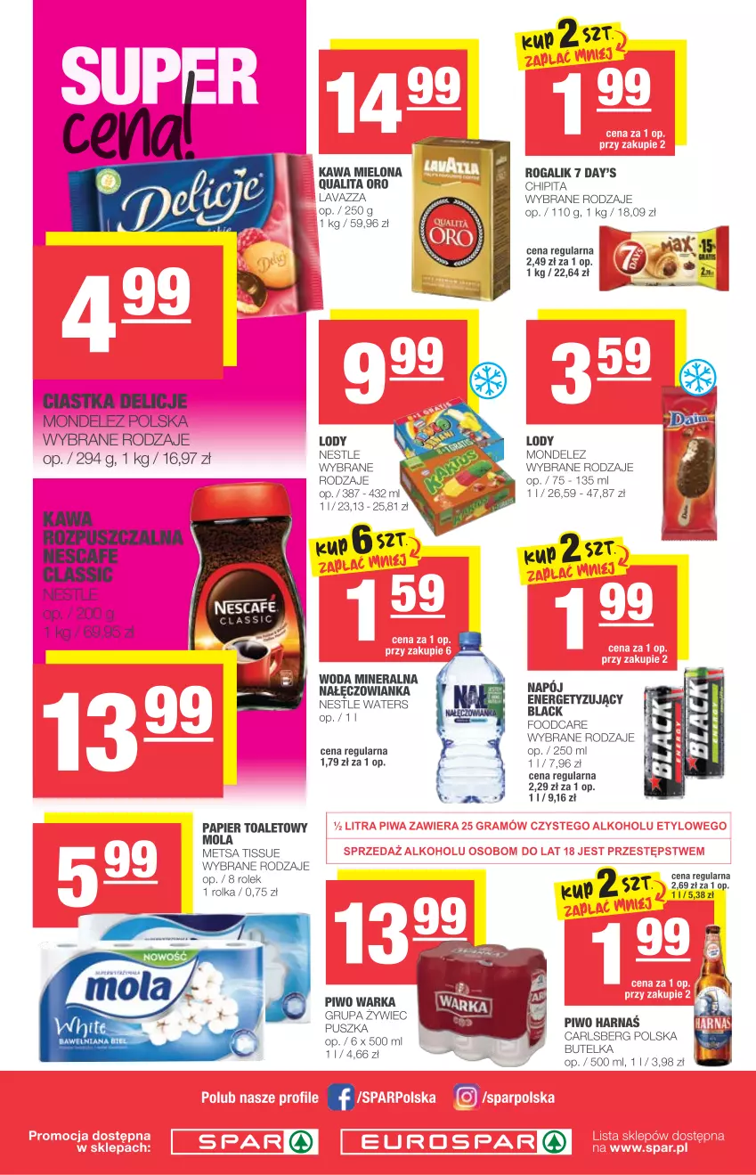 Gazetka promocyjna Spar - Eurospar - ważna 28.07 do 03.08.2021 - strona 4 - produkty: Carlsberg, Ciastka, Delicje, Fa, Harnaś, Kawa, Kawa mielona, Kawa rozpuszczalna, Lavazza, Lody, Mola, Nałęczowianka, Papier, Papier toaletowy, Piwo, Rogal, Warka, Woda, Woda mineralna