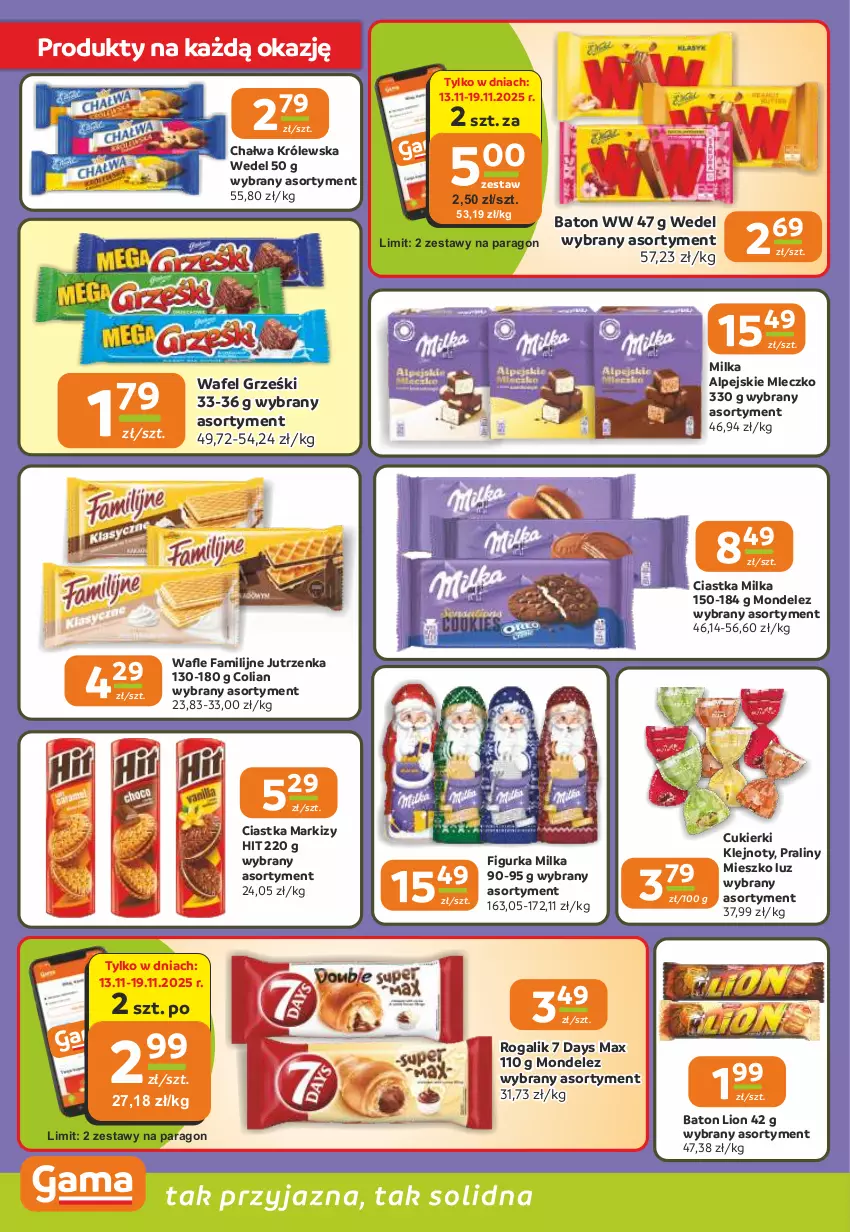Gazetka promocyjna Gama - Gazetka Gama - ważna 13.11 do 25.11.2025 - strona 4 - produkty: 7 Days, Baton, Chałwa, Ciastka, Cukier, Cukierki, Fa, Grześki, Jutrzenka, Klej, Lion, Milka, Mleczko, Praliny, Rogal