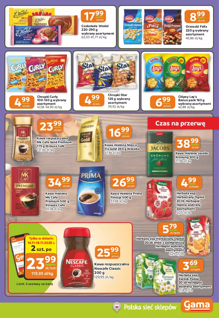 Gazetka promocyjna Gama - Gazetka Gama - ważna 13.11 do 25.11.2025 - strona 5 - produkty: Chipsy, Chrupki, Czekolada, Felix, Herbapol, Herbata, Imbir, Jacobs, Kawa, Kawa mielona, Kawa rozpuszczalna, Mocca Fix Gold, Ogród, Orzeszki, Prima, Woseba