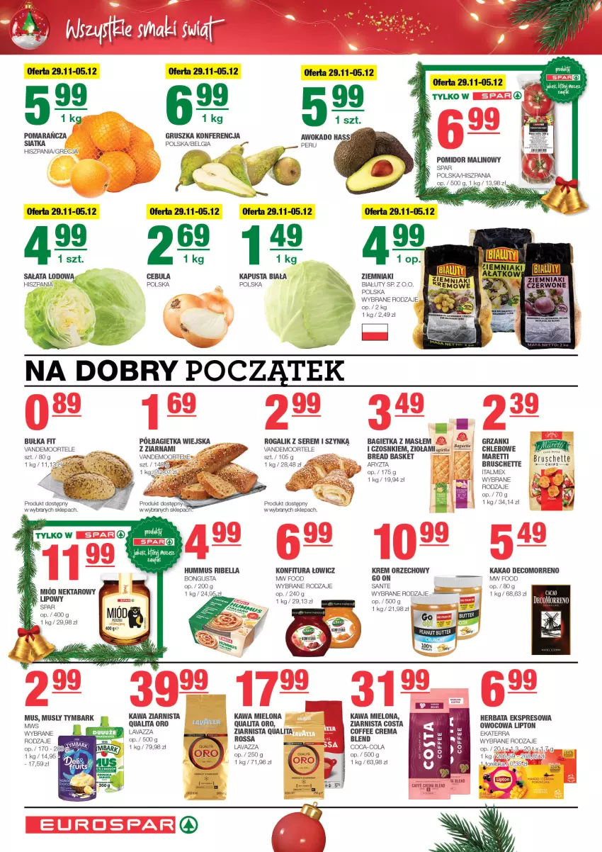 Gazetka promocyjna Spar - EuroSpar - ważna 26.11 do 06.12.2023 - strona 2 - produkty: Bagietka, Bell, Bella, Bruschette, Bułka, Cebula, Chleb, Coca-Cola, Fa, Herbata, Hummus, Kakao, Kawa, Kawa mielona, Kawa ziarnista, Konfitura, Krem orzechowy, Lavazza, LG, Lipton, Mus, Nektar, Półbagietka, Pomidor malinowy, Rogal, Sałat, Sałata lodowa, Sante, Ser, Siatka, Torebka, Tymbark, Ziemniaki