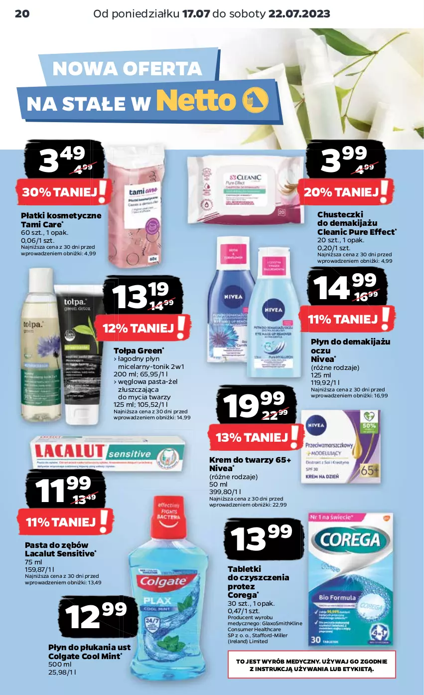 Gazetka promocyjna Netto - Artykuły spożywcze - ważna 17.07 do 22.07.2023 - strona 20 - produkty: Chusteczki, Cleanic, Colgate, Corega, Krem do twarzy, Lacalut, LG, Makijaż, Nivea, Pasta do zębów, Płatki kosmetyczne, Płyn do płukania, Płyn micelarny, Pur, Tablet, Tołpa, Tonik