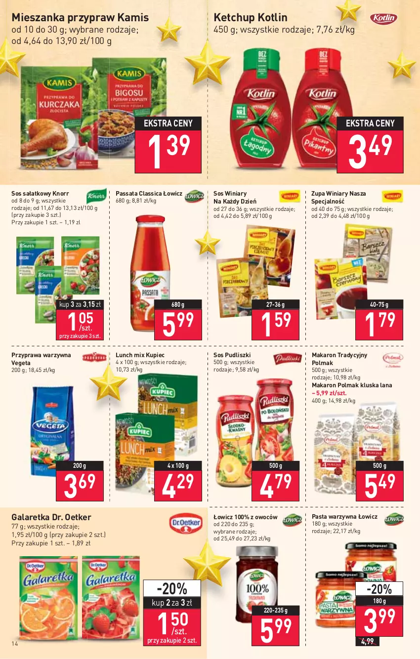 Gazetka promocyjna Stokrotka - Supermarket - ważna 25.11 do 01.12.2021 - strona 14 - produkty: Dr. Oetker, Gala, Galaretka, Kamis, Ketchup, Knorr, Kotlin, Kupiec, LANA, Makaron, Olma, Pasta warzywna, Piec, Pudliszki, Sałat, Sos, Vegeta, Winiary, Zupa