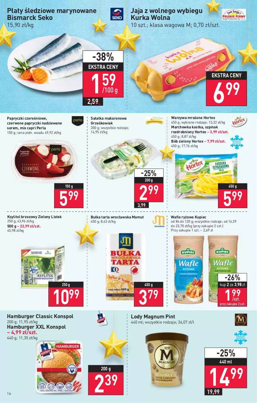 Gazetka promocyjna Stokrotka - Supermarket - ważna 25.11 do 01.12.2021 - strona 16 - produkty: Bułka, Bułka tarta, Burger, Hamburger, Hortex, Jaja, Jaja z wolnego wybiegu, Ksylitol, Kupiec, Lody, Makaron, Marchewka, Papryczki nadziewane, Piec, Płaty śledziowe, Ryż, Sałat, Sałatka, SEKO, Ser, Stek, Szpinak, Tarta, Wafle, Warzywa