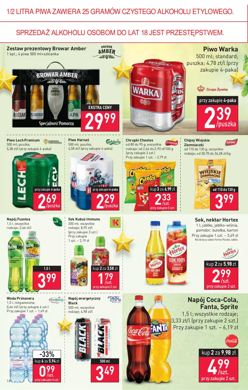 Gazetka promocyjna Stokrotka - Supermarket - ważna 25.11 do 01.12.2021 - strona 18 - produkty: Cheetos, Chipsy, Chrupki, Coca-Cola, Fa, Fanta, Gra, Harnaś, Hortex, Kubuś, Lack, Lech Premium, Napój, Napój energetyczny, Nektar, Piwa, Piwo, Prima, Primavera, Sok, Sprite, Szklanka, Warka, Woda, Zestaw prezentowy