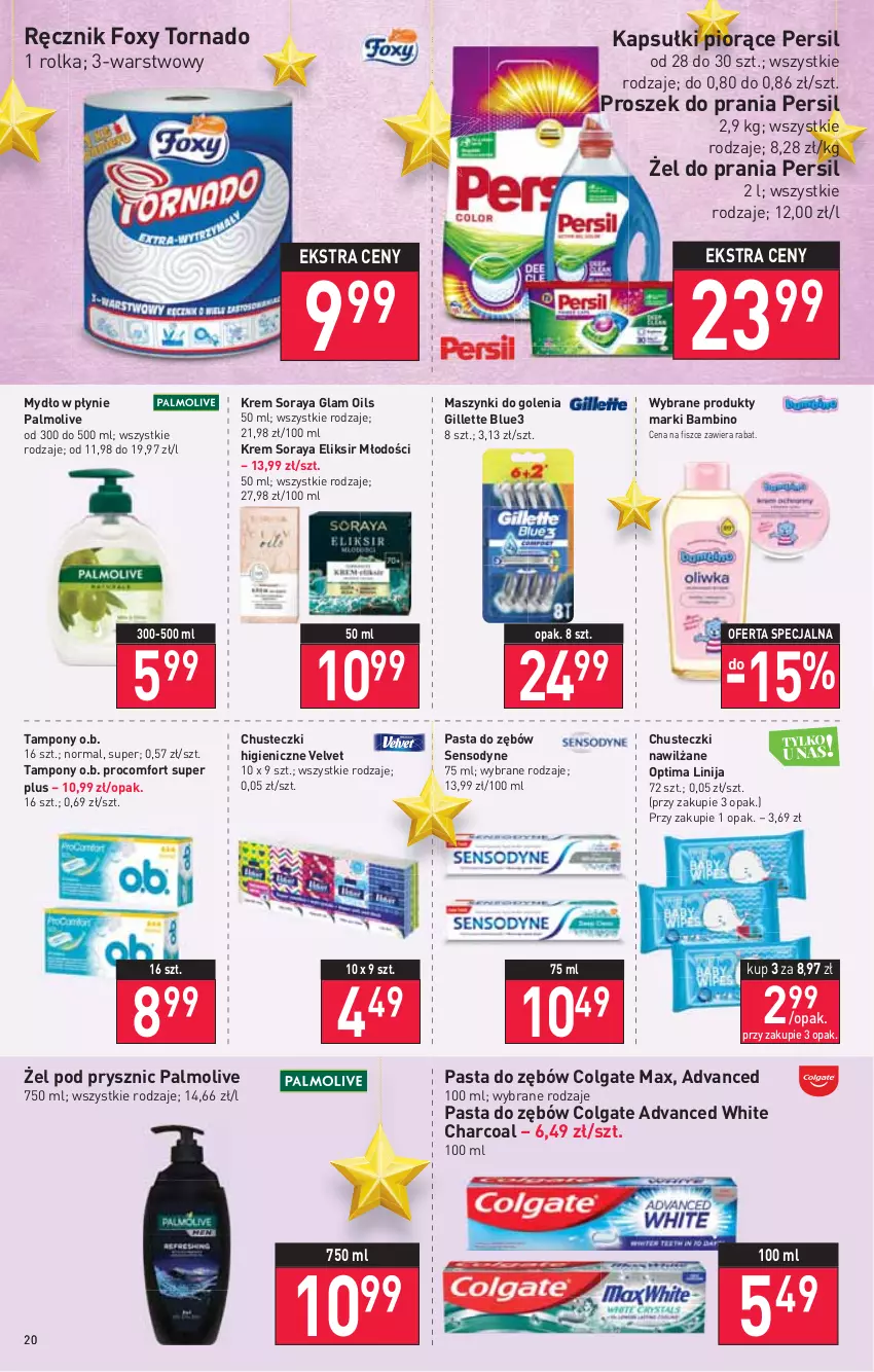 Gazetka promocyjna Stokrotka - Supermarket - ważna 25.11 do 01.12.2021 - strona 20 - produkty: Chusteczki, Colgate, Foxy, Gillette, LG, Mydło, Mydło w płynie, O.B., Optima, Palmolive, Pasta do zębów, Persil, Proszek do prania, Ręcznik, Sensodyne, Tampony, Velvet