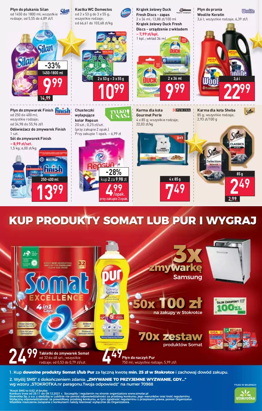 Gazetka promocyjna Stokrotka - Supermarket - ważna 25.11 do 01.12.2021 - strona 21 - produkty: Chusteczki, Domestos, Duck, Finish, Płyn do płukania, Płyn do prania, Pur, Sheba, Silan, Sól, Somat, Tablet, Woolite