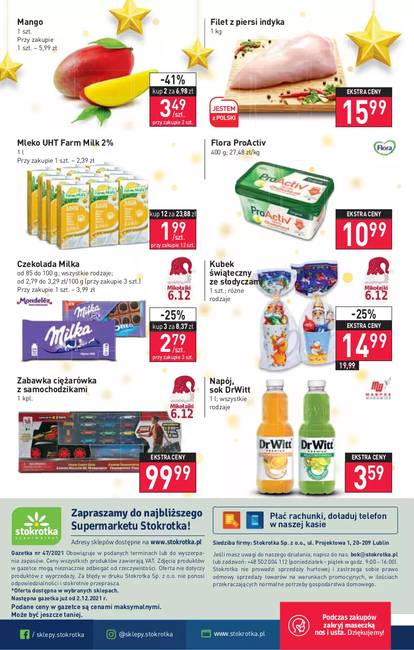 Gazetka promocyjna Stokrotka - Supermarket - ważna 25.11 do 01.12.2021 - strona 24 - produkty: Chodzik, Czekolada, Fa, Farm Milk, Filet z piersi indyka, Flora, Kubek, Mango, Milka, Mleko, Napój, O nas, Sok, Telefon, Wagi, Zabawka