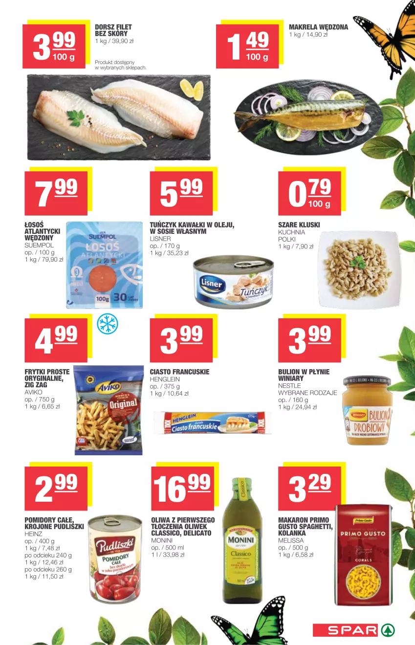 Gazetka promocyjna Spar - Spar - ważna 14.04 do 20.04.2021 - strona 5 - produkty: Bulion, Ciasto francuskie, Dorsz, Frytki, Gin, Heinz, Kawa, Kuchnia, Lion, Lisner, Makaron, Monini, Olej, Pomidory, Pudliszki, Sos, Spaghetti, Suempol, Tuńczyk, Winiary