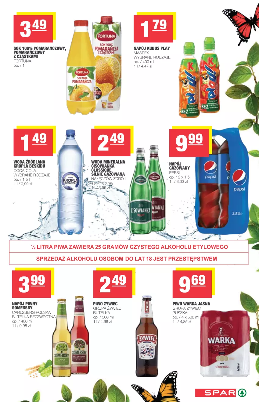 Gazetka promocyjna Spar - Spar - ważna 14.04 do 20.04.2021 - strona 7 - produkty: Carlsberg, Cisowianka, Coca-Cola, Fa, Fortuna, LANA, Napój, Pepsi, Piwo, Sok, Somersby, Warka, Woda, Woda mineralna