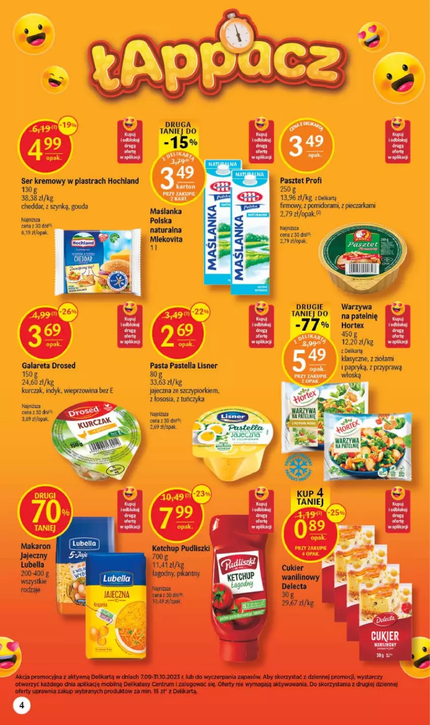 Gazetka promocyjna Delikatesy Centrum - Gazetka DC36 - ważna 14.09 do 20.09.2023 - strona 4 - produkty: Cheddar, Gala, Gouda, Hochland, Hortex, Kurczak, LEGO, Lisner, Mleko, Mlekovita, Mobil, Pastella, Pasztet, Piec, Pieczarka, Rum, Ser, Sos, Tuńczyk, Warzywa, Wieprzowina