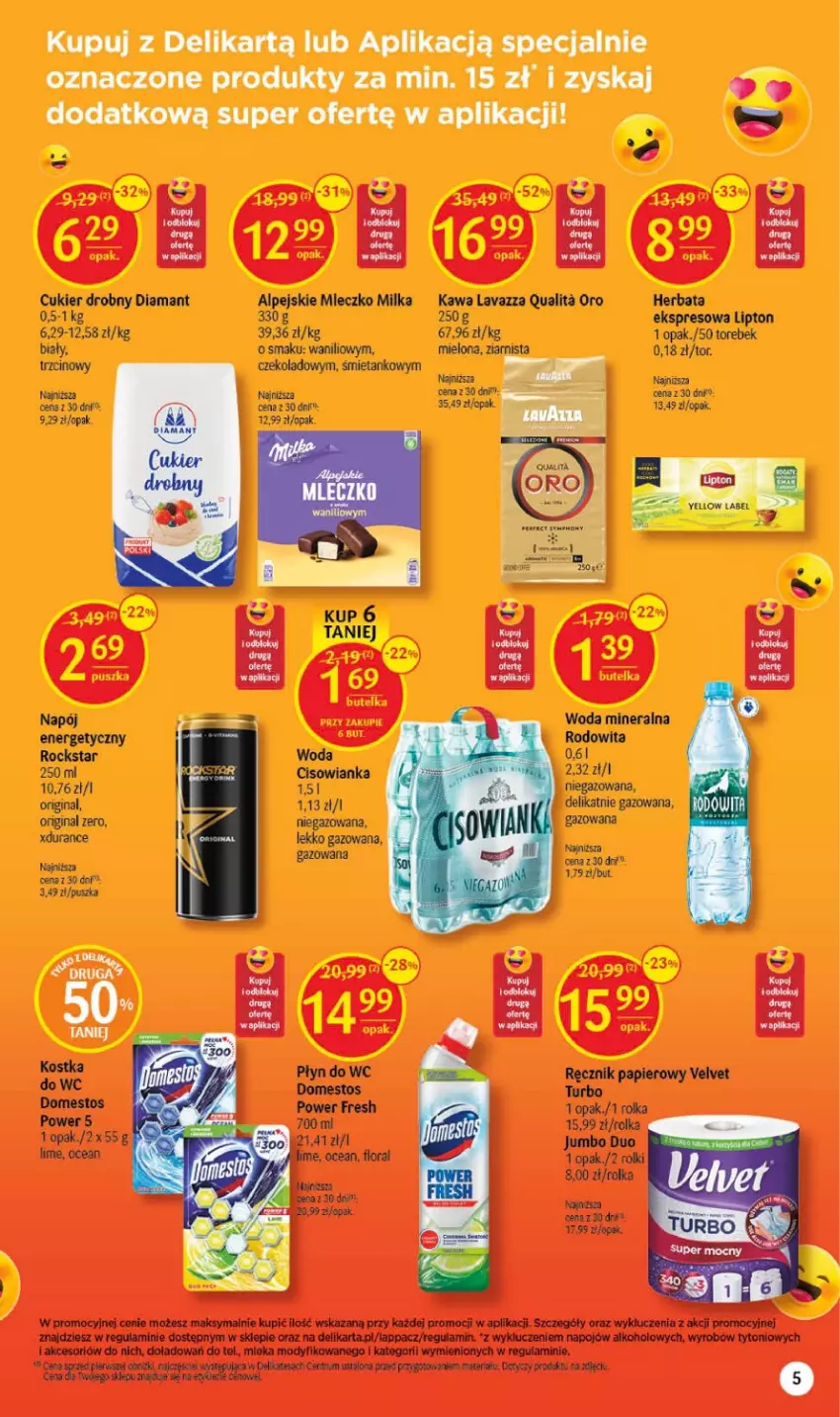 Gazetka promocyjna Delikatesy Centrum - Gazetka DC36 - ważna 14.09 do 20.09.2023 - strona 5 - produkty: Cisowianka, Cukier, Diamant, Domestos, Flora, Gin, Herbata, Kawa, Lavazza, Lipton, Milka, Mleczko, Napój, Papier, Płyn do wc, Ręcznik, Rolki, Velvet, Woda, Woda mineralna