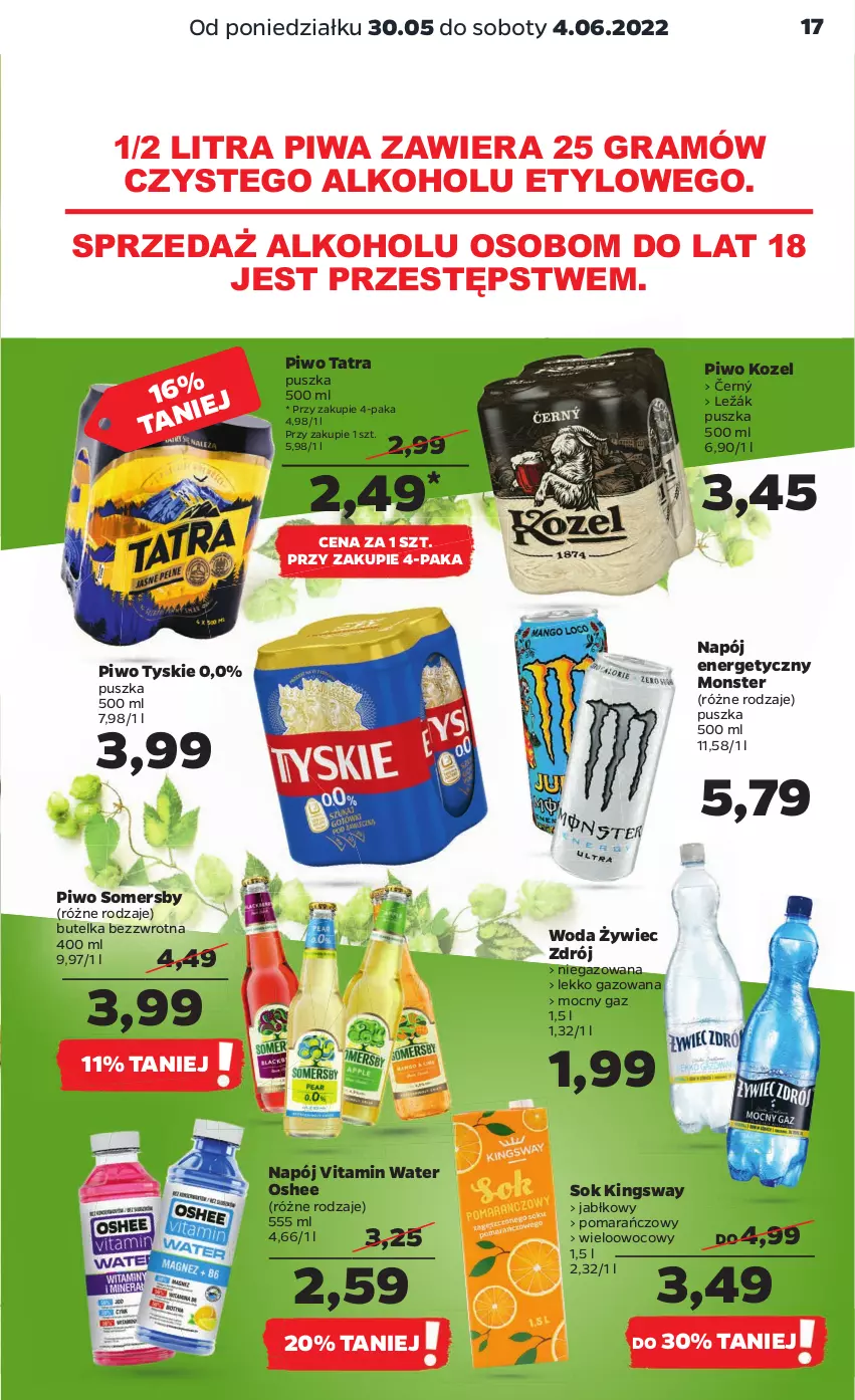 Gazetka promocyjna Netto - Gazetka spożywcza - ważna 30.05 do 04.06.2022 - strona 17 - produkty: Gra, Kozel, Napój, Napój energetyczny, Oshee, Piwa, Piwo, Sok, Somersby, Tatra, Tyskie, Woda