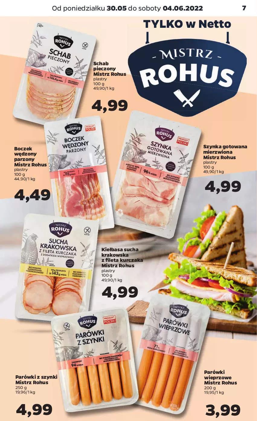 Gazetka promocyjna Netto - Gazetka spożywcza - ważna 30.05 do 04.06.2022 - strona 7 - produkty: Boczek, Kiełbasa, Kurczak, Parówki, Parówki z szynki, Piec, Schab pieczony, Szynka