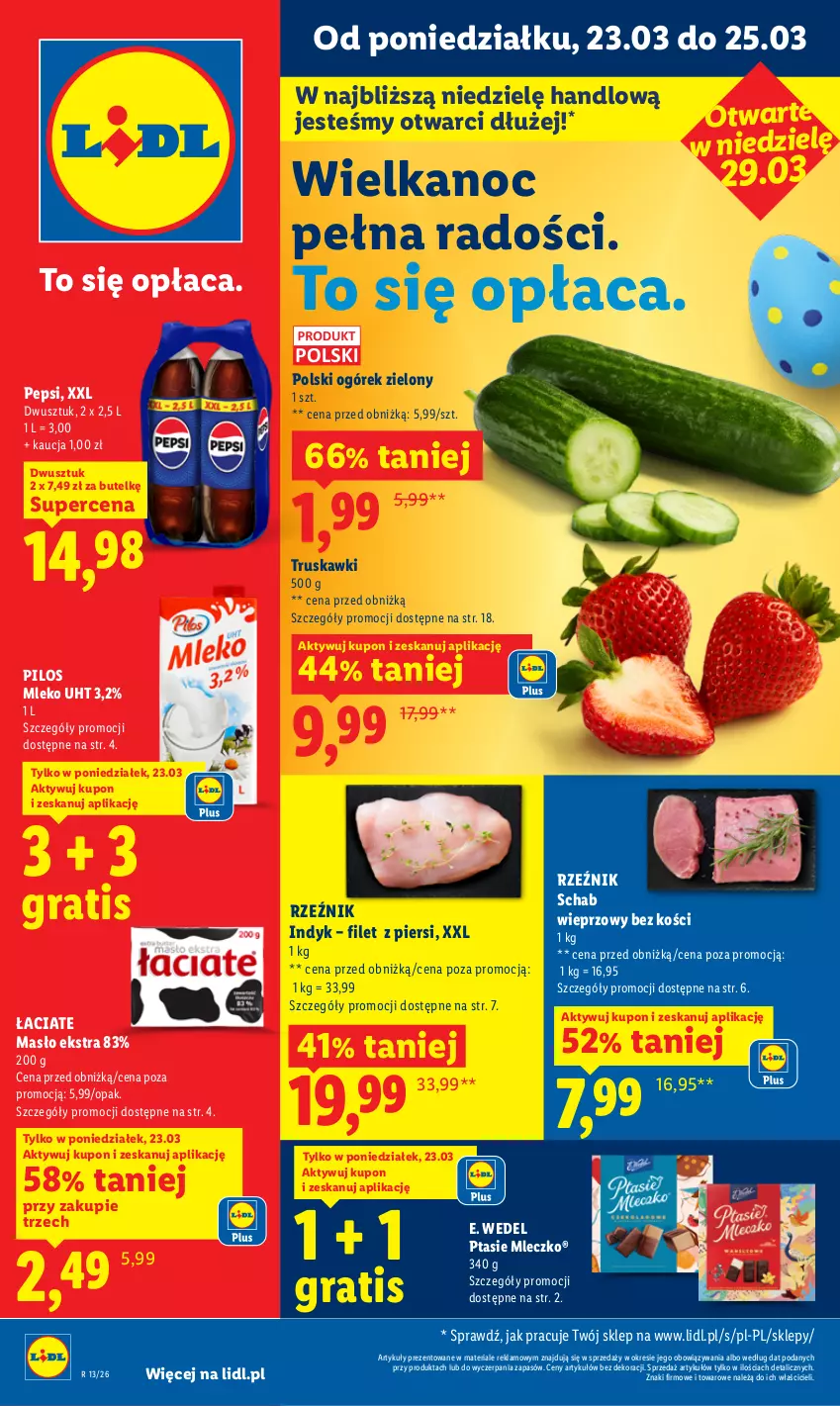 Gazetka promocyjna Lidl - Gazetka ważna od 23.03 do 25.03 - ważna 23.03 do 25.03.2026 - strona 1 - produkty: E. Wedel, Gra, JBL, Masło, Mleczko, Mleko, Ogórek, Pepsi, Pilos, Ptasie mleczko, Schab wieprzowy, Truskawki