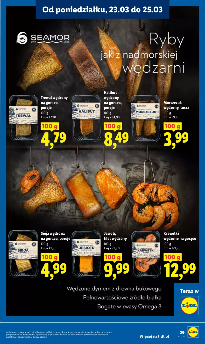 Gazetka promocyjna Lidl - Gazetka ważna od 23.03 do 25.03 - ważna 23.03 do 25.03.2026 - strona 29 - produkty: Halibut, Krewetki, Por, Sieja wędzona, Tera, Tusz