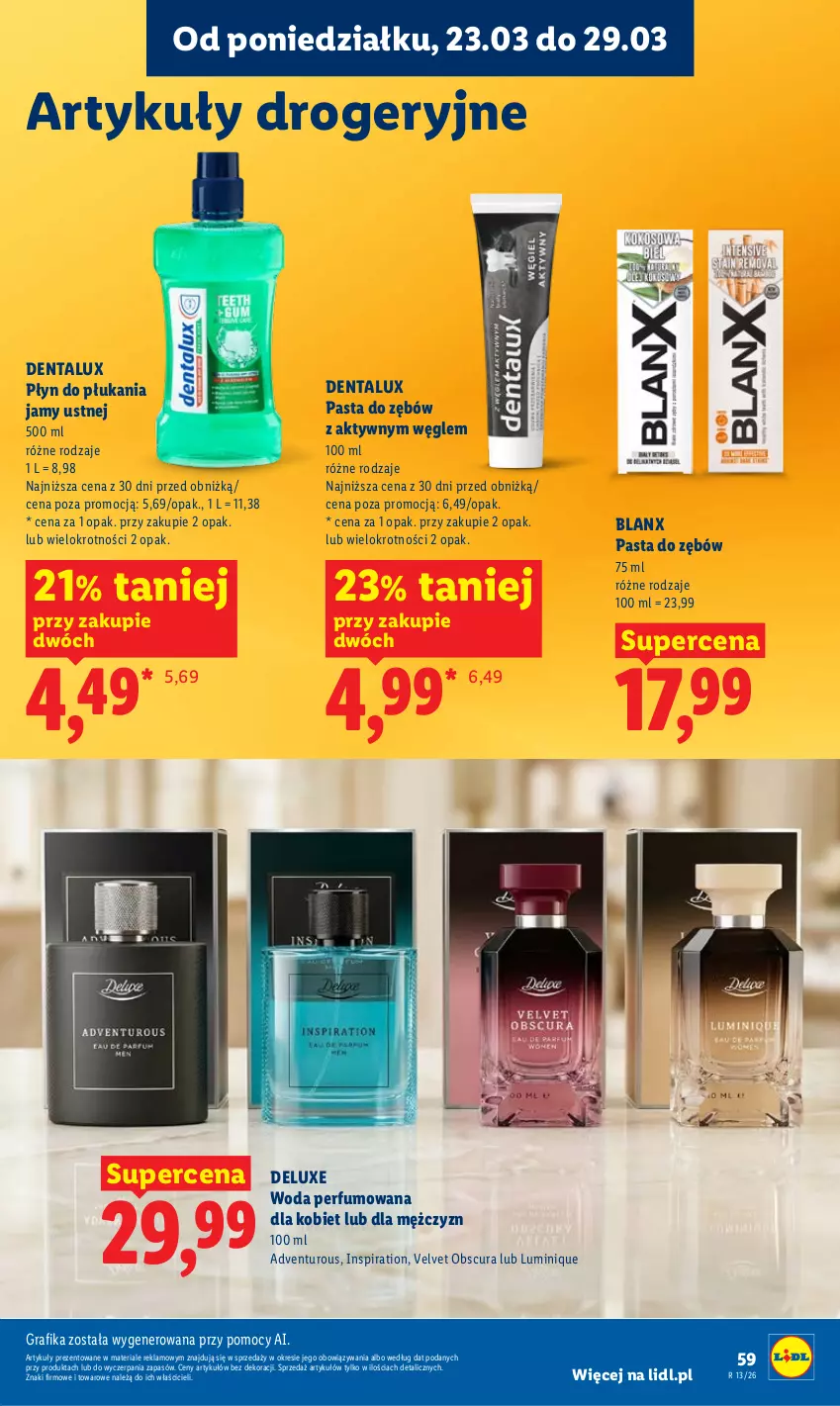 Gazetka promocyjna Lidl - Gazetka ważna od 23.03 do 25.03 - ważna 23.03 do 25.03.2026 - strona 59 - produkty: Gra, Grafika, Pasta do zębów, Perfum, Płyn do płukania, Płyn do płukania jamy ustnej, Velvet, Woda, Woda perfumowana