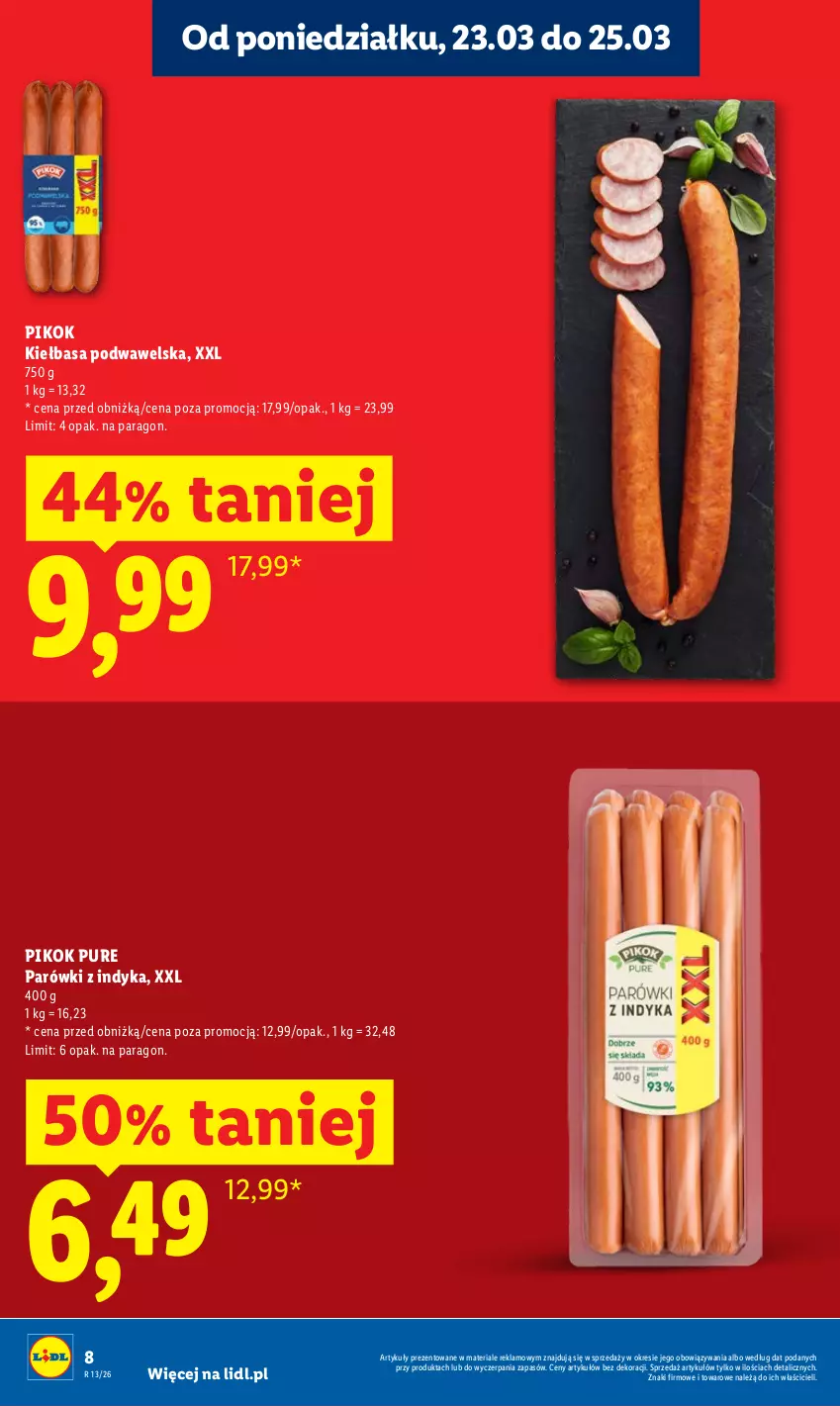 Gazetka promocyjna Lidl - Gazetka ważna od 23.03 do 25.03 - ważna 23.03 do 25.03.2026 - strona 8 - produkty: Kiełbasa, Kiełbasa podwawelska, Parówki, Parówki z indyka, PIKOK, Pur, Wawel