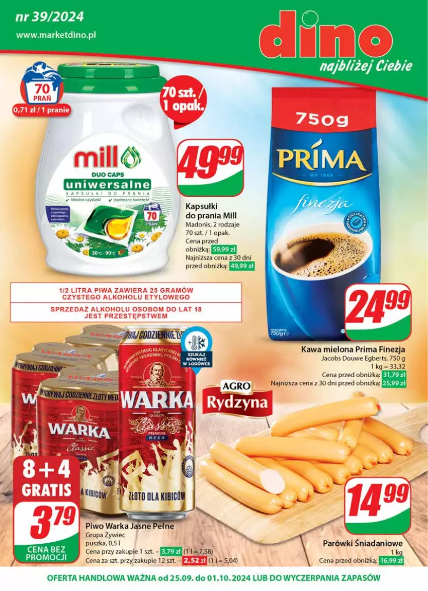 Gazetka promocyjna Dino - Gazetka 39 / 2024 - ważna 25.09 do 01.10.2024 - strona 1 - produkty: Danio, Gra, Jacobs, JBL, Kapsułki do prania, Kawa, Kawa mielona, Parówki, Piwa, Piwo, Por, Prima, Warka