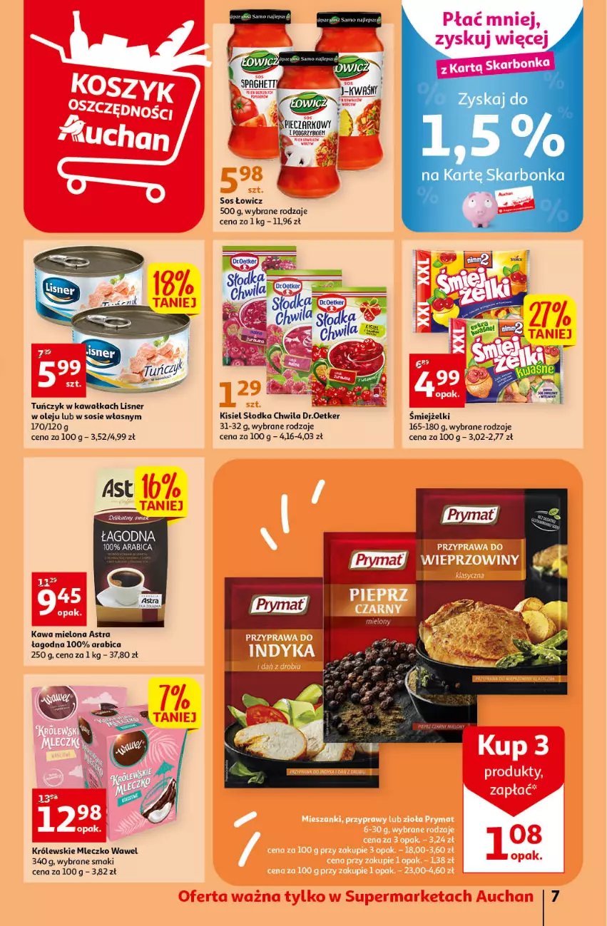 Gazetka promocyjna Auchan - Gazetka Koszyk Oszczędności Auchan Supermarket - ważna 19.01 do 25.01.2023 - strona 7 - produkty: BIC, Kawa, Kawa mielona, Kisiel, Królewski, Królewskie Mleczko, Lisner, Mleczko, Olej, Słodka Chwila, Sos, Tuńczyk, Wawel