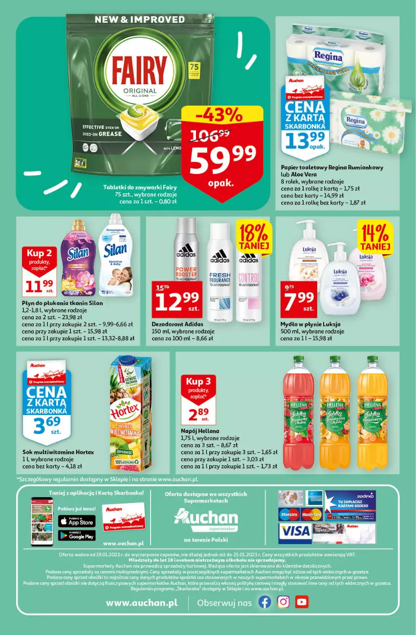 Gazetka promocyjna Auchan - Gazetka Koszyk Oszczędności Auchan Supermarket - ważna 19.01 do 25.01.2023 - strona 8 - produkty: Adidas, Aloe vera, Dezodorant, Fa, Gin, Hellena, Hortex, Luksja, Mydło, Mydło w płynie, Napój, Papier, Papier toaletowy, Płyn do płukania, Rum, Silan, Sok