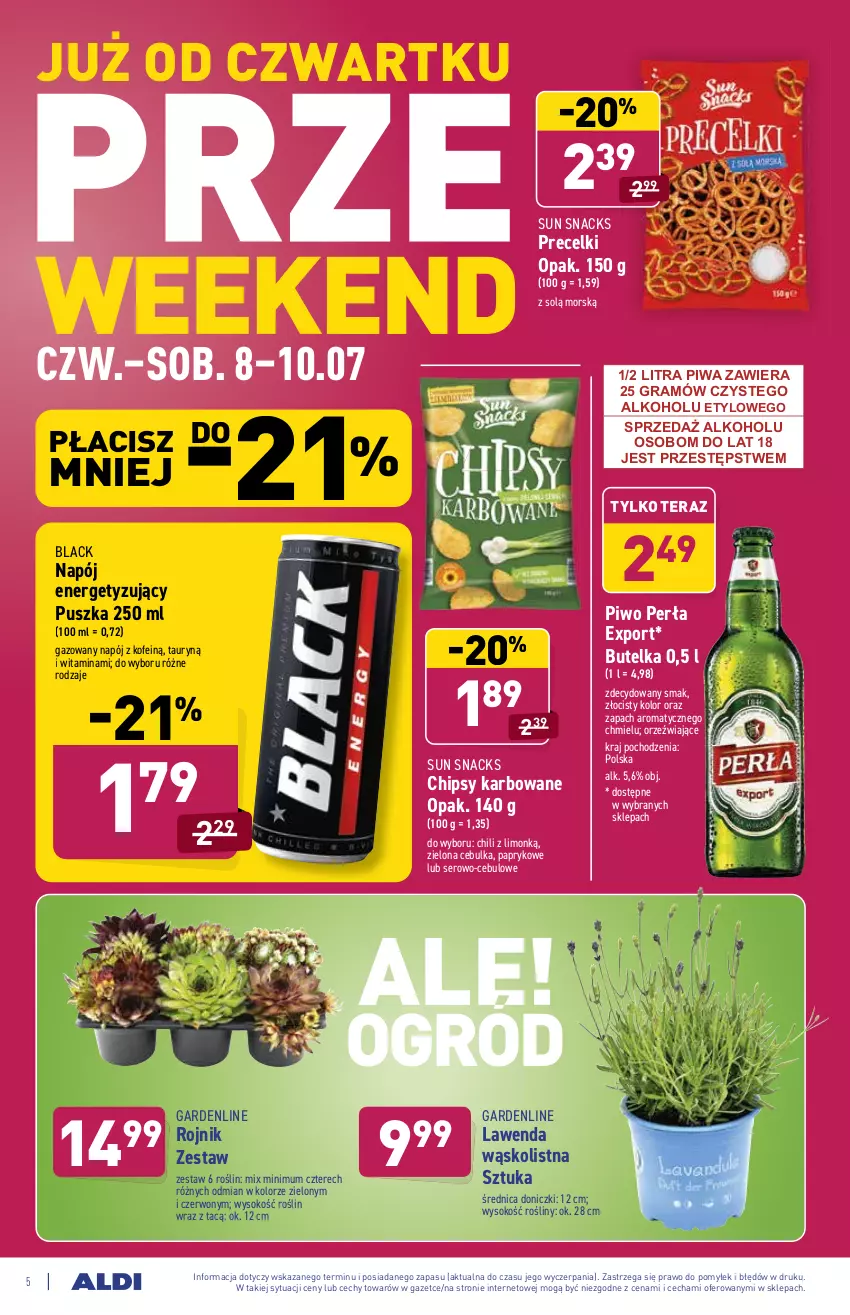 Gazetka promocyjna Aldi - PROMOCJE NA WEEKEND - ważna 08.07 do 10.07.2021 - strona 5 - produkty: Chipsy, Gra, Lack, Napój, Perła, Piwa, Piwo, Por, Precelki, Ser, Sok, Tera