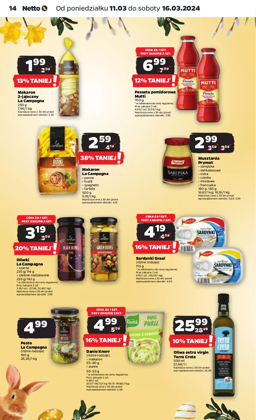 Gazetka promocyjna Netto - Artykuły spożywcze - ważna 11.03 do 16.03.2024 - strona 14 - produkty: Fa, Gin, Gra, Graal, Knorr, Makaron, Mus, Musztarda, Oliwki, Penne, Pesto, Prymat, Pur, Sardynki, Spaghetti