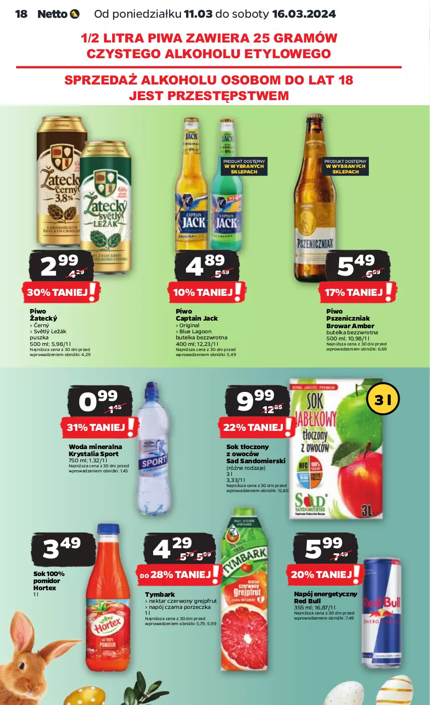 Gazetka promocyjna Netto - Artykuły spożywcze - ważna 11.03 do 16.03.2024 - strona 18 - produkty: Captain Jack, Gin, Gra, Grejpfrut, Hortex, Napój, Napój energetyczny, Nektar, Piwa, Piwo, Por, Red Bull, Sok, Sport, Tymbark, Woda, Woda mineralna