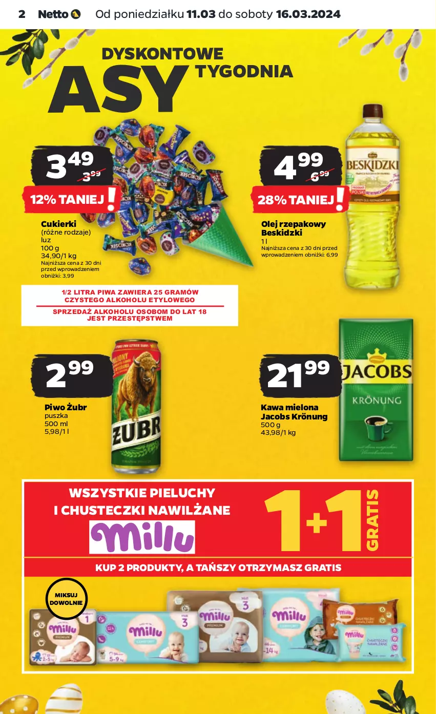 Gazetka promocyjna Netto - Artykuły spożywcze - ważna 11.03 do 16.03.2024 - strona 2 - produkty: Beskidzki, Chusteczki, Cukier, Cukierki, Gra, Jacobs, Jacobs Krönung, Kawa, Kawa mielona, Olej, Olej rzepakowy, Pieluchy, Piwa, Piwo