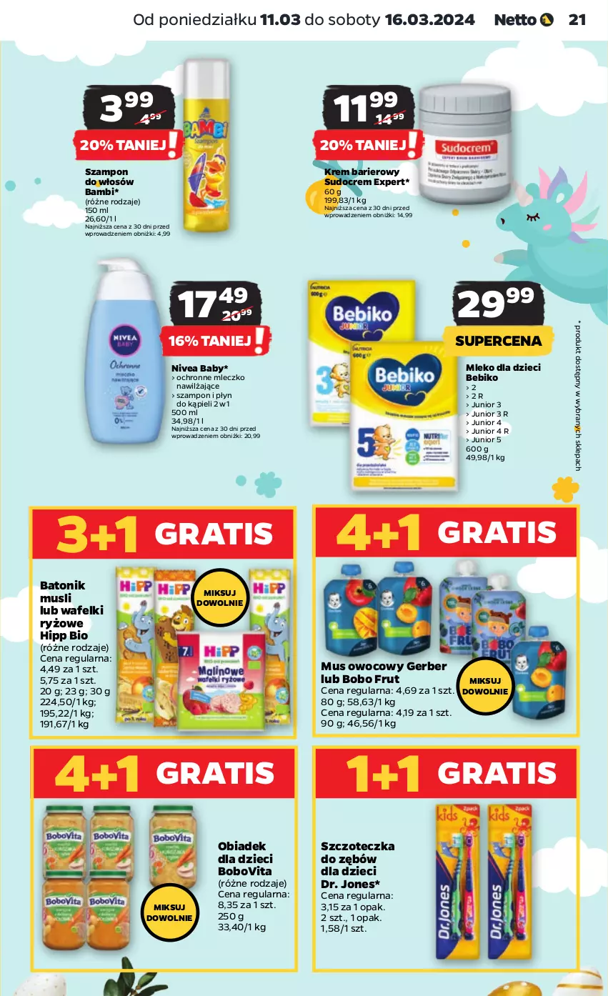 Gazetka promocyjna Netto - Artykuły spożywcze - ważna 11.03 do 16.03.2024 - strona 21 - produkty: Baton, Bebiko, BoboVita, Dzieci, Gerber, Gra, HiPP, Hipp Bio, Mleczko, Mleko, Mleko dla dzieci, Mus, Nivea, Nivea Baby, Płyn do kąpieli, Ryż, Szampon, Szczoteczka, Szczoteczka do zębów, Tonik