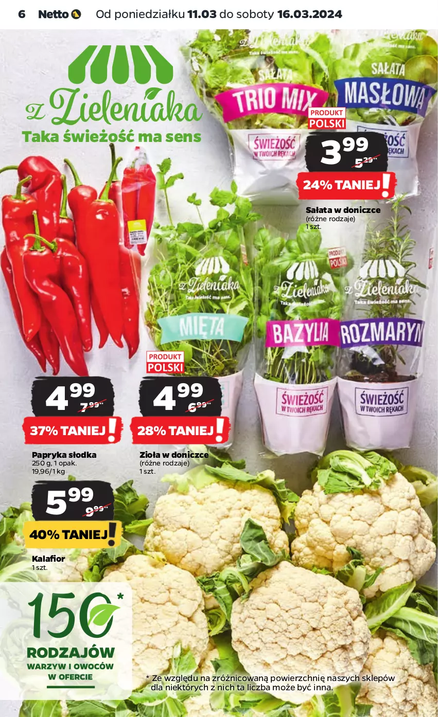 Gazetka promocyjna Netto - Artykuły spożywcze - ważna 11.03 do 16.03.2024 - strona 6 - produkty: Kalafior, Papryka, Papryka słodka, Sałat, Zioła w doniczce