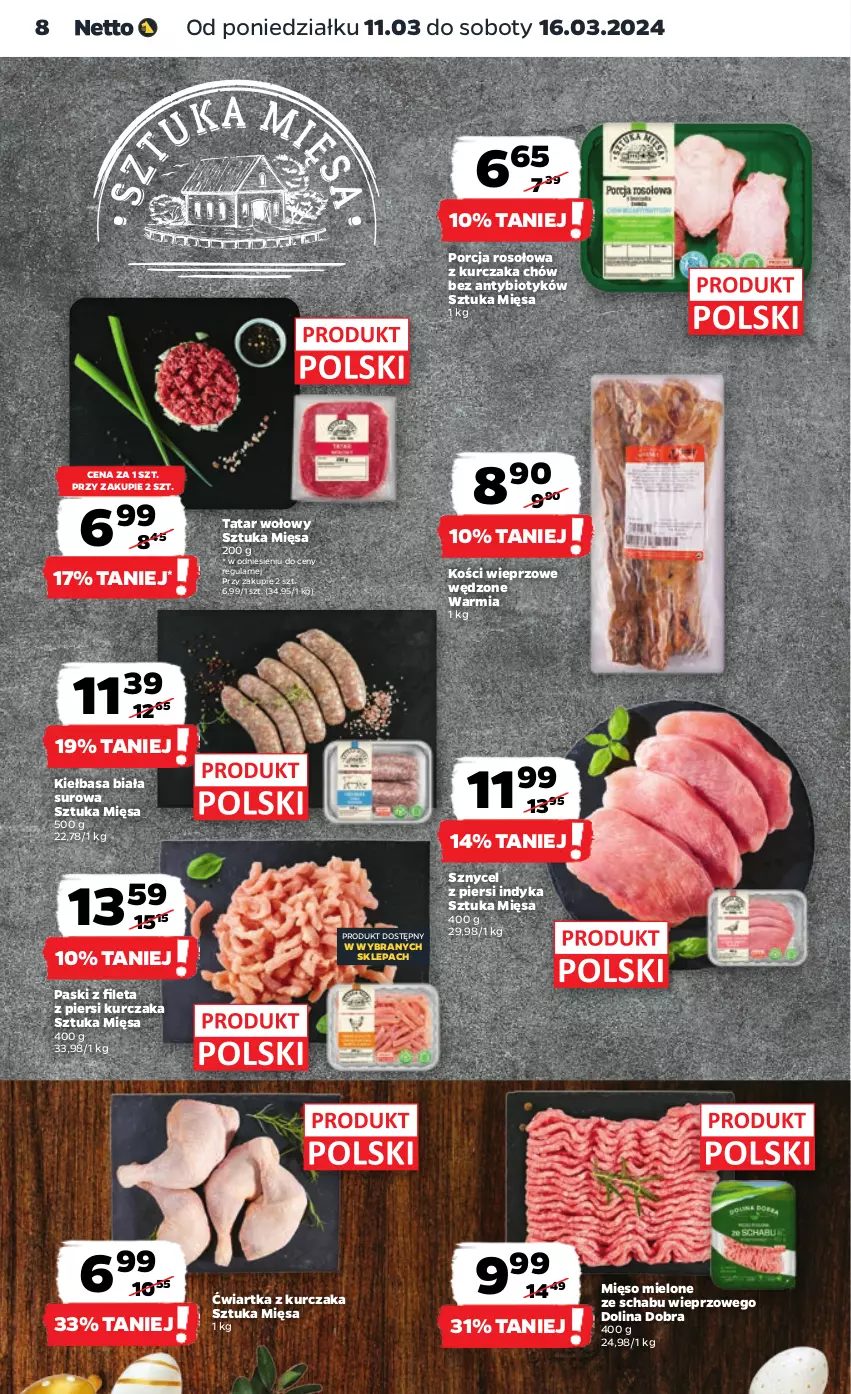 Gazetka promocyjna Netto - Artykuły spożywcze - ważna 11.03 do 16.03.2024 - strona 8 - produkty: Kiełbasa, Kiełbasa biała, Kości wieprzowe, Kurczak, Mięso, Mięso mielone, Por, Tatar wołowy