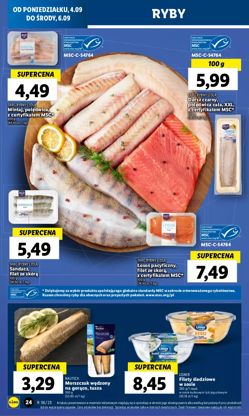 Gazetka promocyjna Lidl - GAZETKA - ważna 04.09 do 06.09.2023 - strona 36 - produkty: Dorsz, Jogurt, Lisner, Mintaj, Polędwica, Sandacz, Sos, Tusz