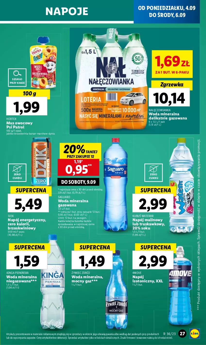 Gazetka promocyjna Lidl - GAZETKA - ważna 04.09 do 06.09.2023 - strona 41 - produkty: Hortex, Mus, Napój, Napój energetyczny, Napój izotoniczny, Napoje, Olej, Psi Patrol, Sok, Woda, Woda mineralna